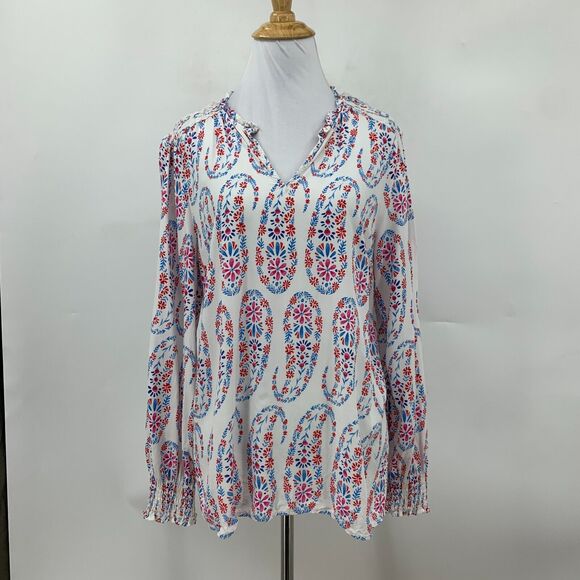 Talbots Blouse Womens M Medium White Blue Shirred Notch Floral Peasant Paisley - Picture 2 of 14
